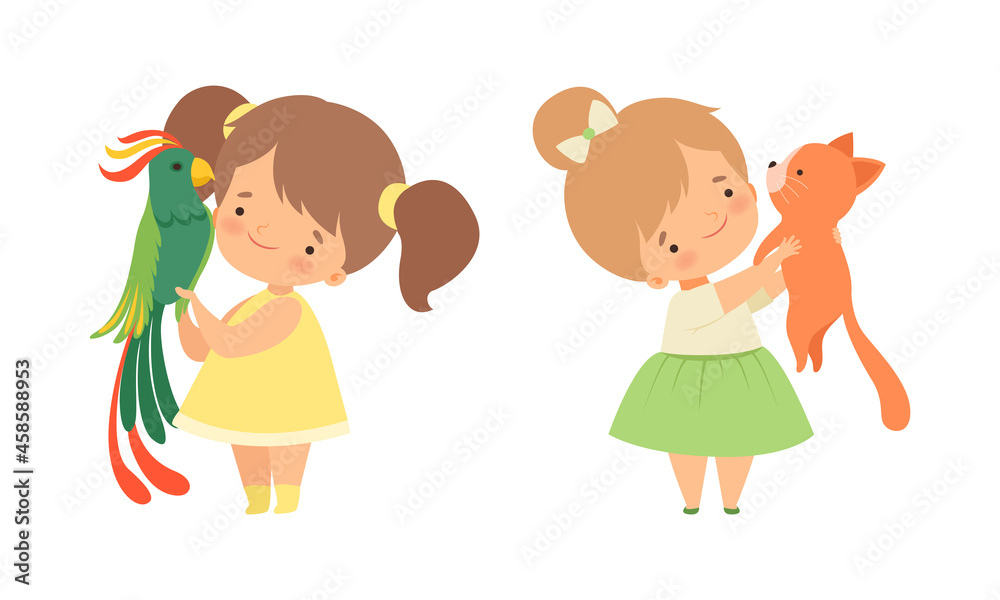 Cute Little Girl Interacting with Animal in Petting Zoo Vector Set Cute Little Girl Interacting with Animal in Petting Zoo Vector Set