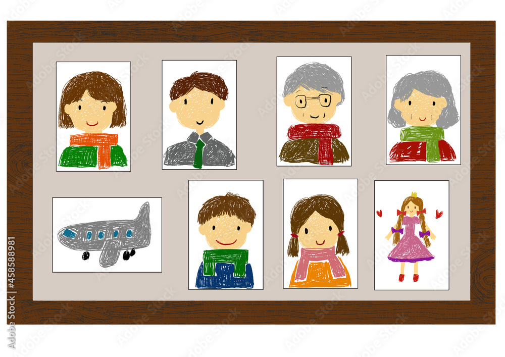 子供がクレヨンで描いたような家族とおもちゃの絵をボードに貼り付けている手描きイラスト（ベクター素材なので、各イラストの位置や大きさを変更できます。ベクターだと手描き画像トレースのためデータが重い可能性があります）