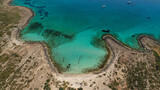 Aerial drone photo of paradise tropical island exotic turquoise sandy bay and beach with calm sea