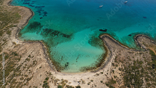 Aerial drone photo of paradise tropical island exotic turquoise sandy bay and beach with calm sea