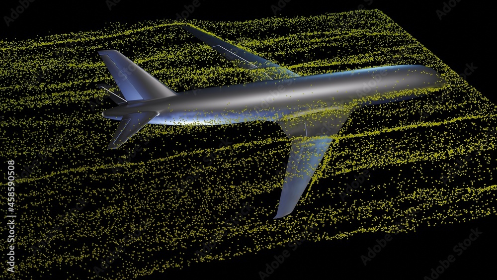 Fototapeta premium Air flow around airplane body. Angled prespective back view tunnel wind particle flow . 3d render illustration