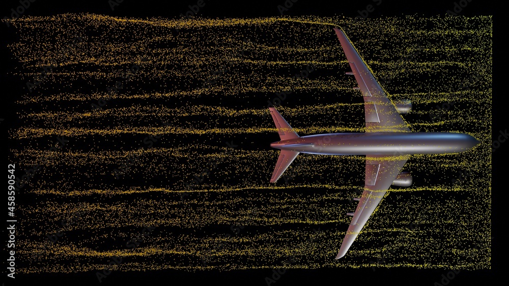 Fototapeta premium Air flow around airplane body. Top view wind tunnel particle flow . 3d render illustration