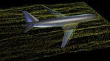 Air flow around airplane body.  Angled prespective back view tunnel wind particle flow . 3d render illustration