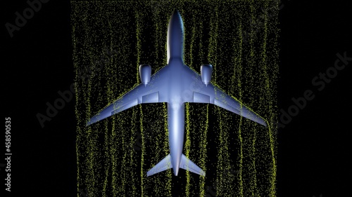 Fototapeta Air flow around airplane body. Bottom view wind tunnel particle flow . 3d render illustration