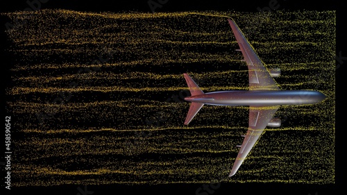 Air flow around airplane body.  Top view wind tunnel particle flow . 3d render illustration
