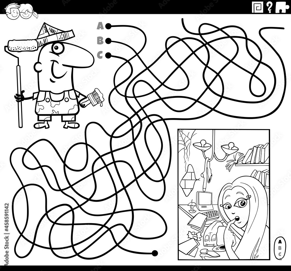 maze with painter and room for renovation coloring book page