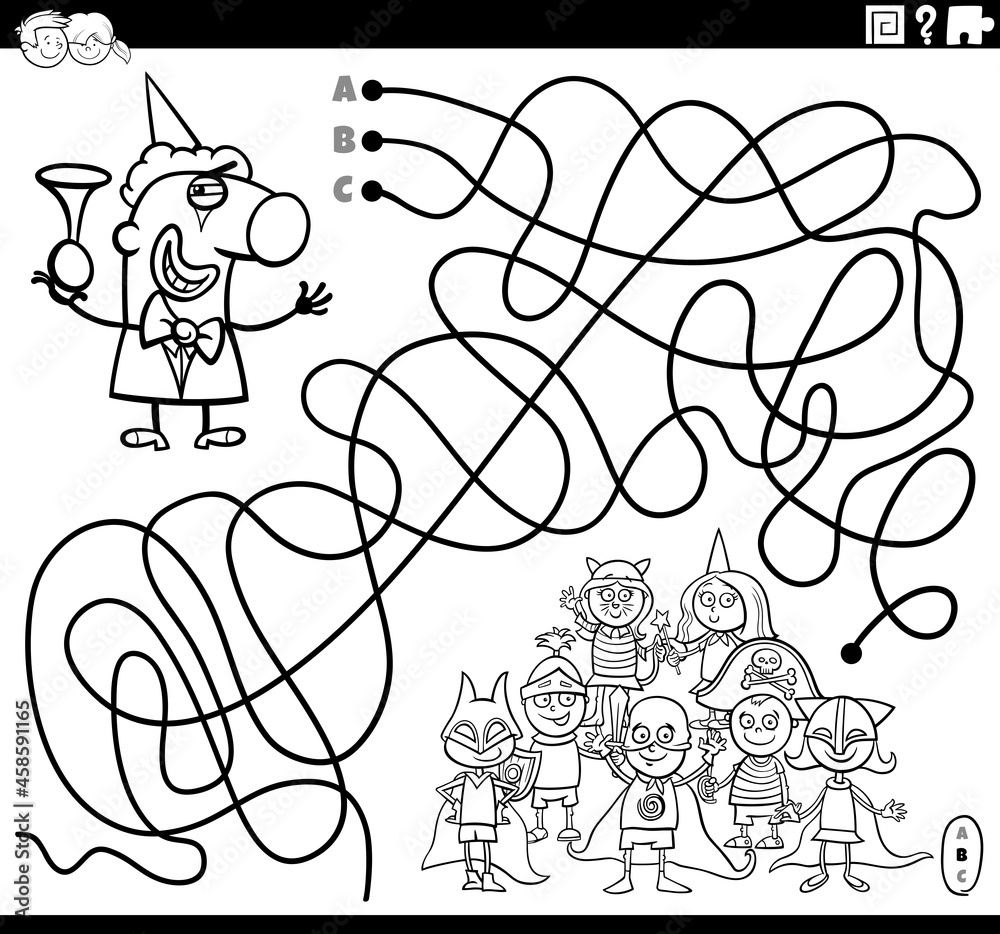 maze with clown and children coloring book page