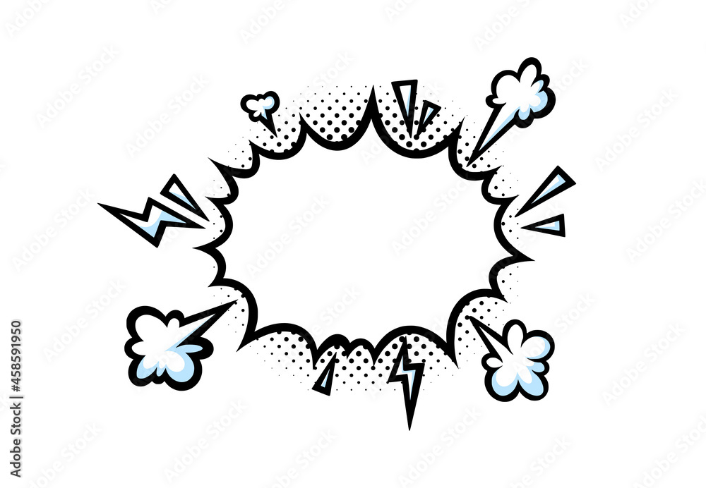 Comic boom speech bubble with lightnings and halftone. Puff shape for surprising and explosive events. Vector illustartion isolated in white background