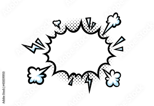 Comic boom speech bubble with lightnings and halftone. Puff shape for surprising and explosive events. Vector illustartion isolated in white background