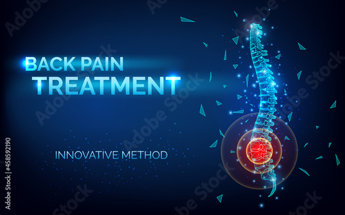 Back pain spine treatment, innovative method - abstract 3d image of the spine banner for clinic, orthopedist, surgery and traumatology, rehabilitation after back injury, vector illustration. photo
