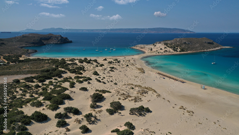 Aerial drone photo of paradise tropical island exotic turquoise sandy bay and beach with calm sea Aerial drone photo of paradise tropical island exotic turquoise sandy bay and beach with calm sea