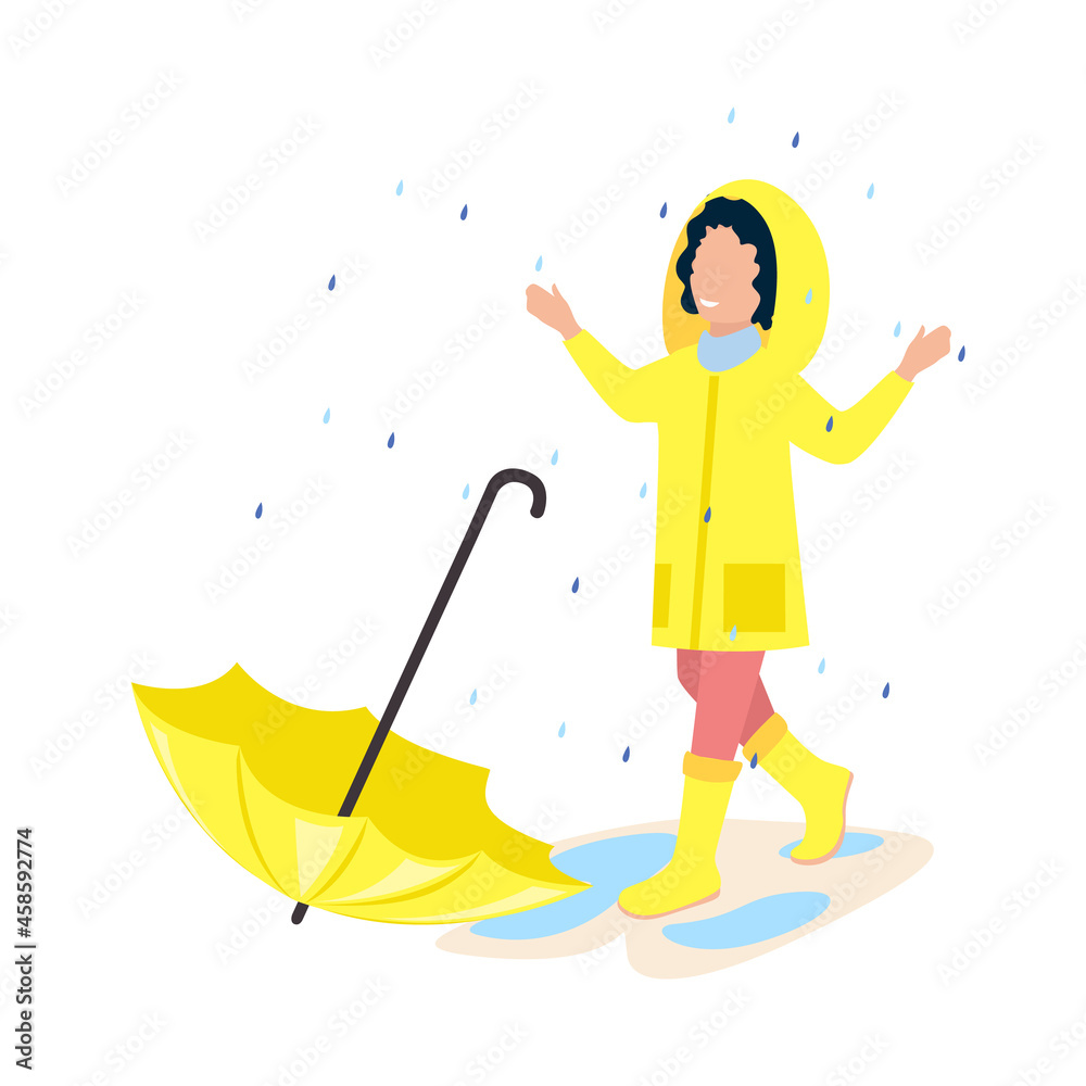 A joyful little girl in a raincoat with a yellow umbrella walks in the rain. Bright autumn. Vector illustration in a flat style.