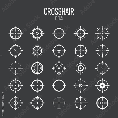 Crosshair, gun sight vector icons. Bullseye, target or aim symbol. Military rifle scope, shooting mark sign. Targeting, aiming for a shot. Archery, hunting and sports shooting. Game UI element.