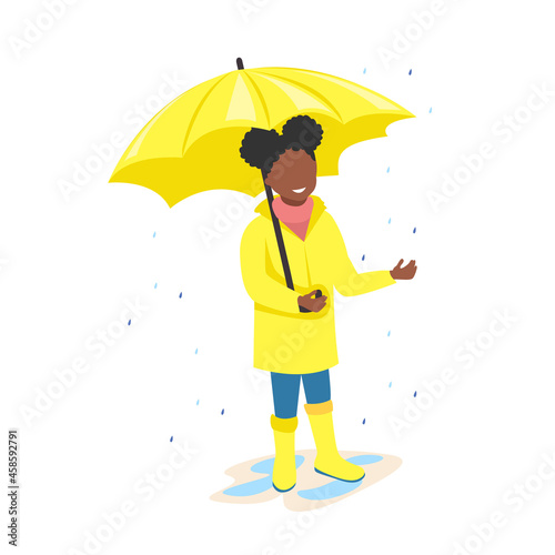 A joyful little girl in a raincoat with a yellow umbrella walks in the rain. Bright autumn. Vector illustration in a flat style.