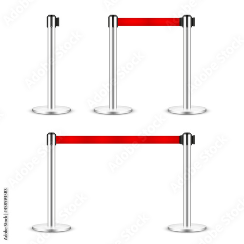Realistic vector retractable belt stanchion. Crowd control barrier posts with caution strap. Queue lines. Restriction border and danger tape.