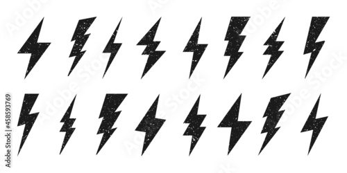 Lightning bolt icons with grunge texture isolated on white background. Vintage flash symbol, thunderbolt. Simple lightning strike sign. Vector illustration.