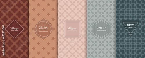 Abstract vector geometric seamless patterns collection. Set of simple background swatches, elegant minimal labels. Retro boho vintage textures. Warm pastel colors, teal, beige, caramel, green, brown