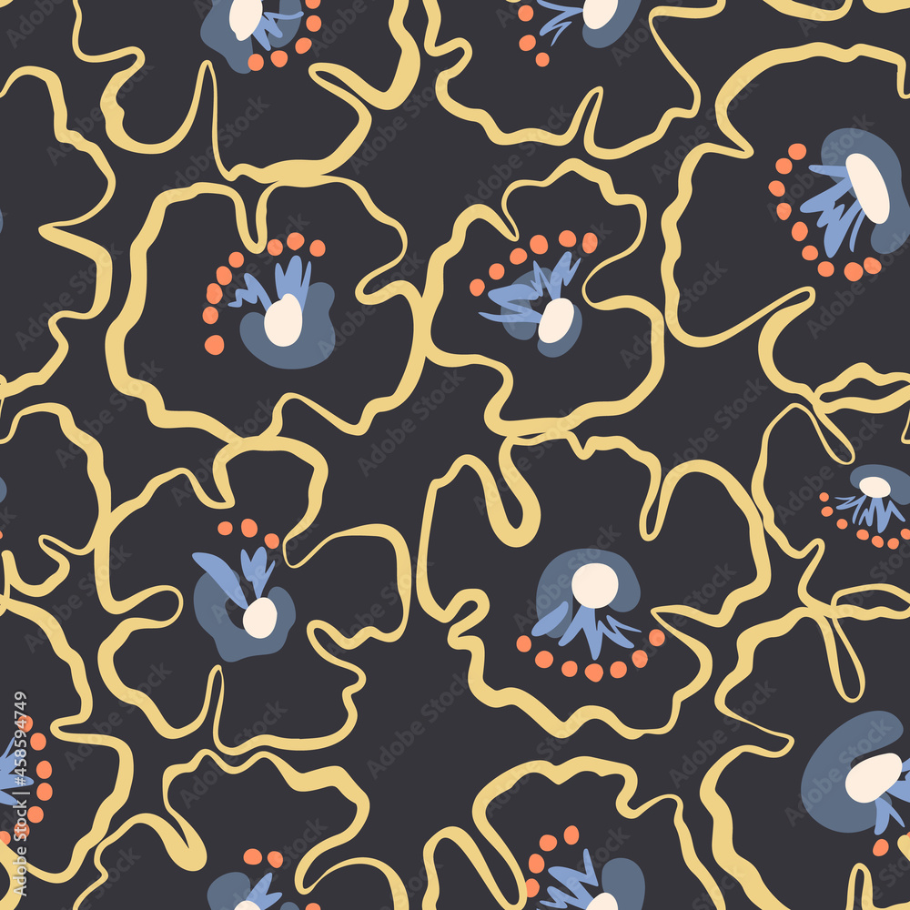 Obraz premium Floral ornament. Botanical seamless pattern with silhouettes of flower buds. Outline drawing. Simple minimalist nature background. Good for textile and fabric.