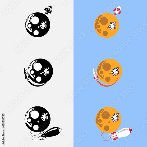 rocket logo design template.Rocket takes off from the surface of the moon or another planet.