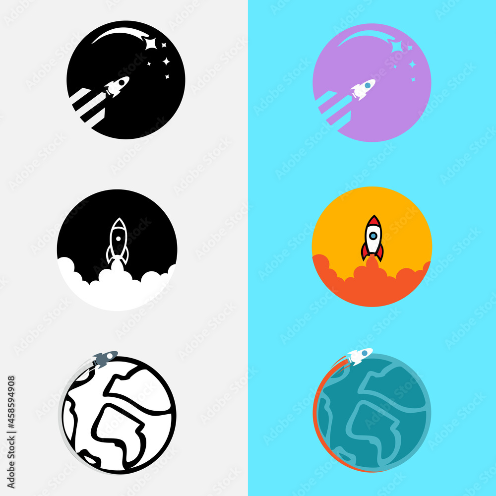 rocket logo design template.Rocket takes off from the surface of the moon or another planet.