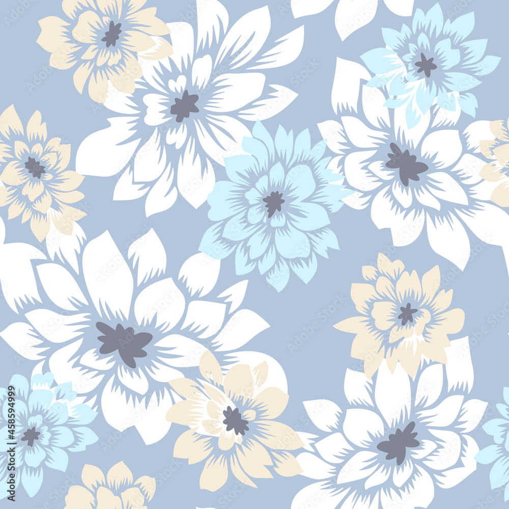 Floral seamless pattern with hand drawn Dahlia flowers. Bright vector floral background. Flat drawing in modern style. Botanical trendy ornament. Summer motif.