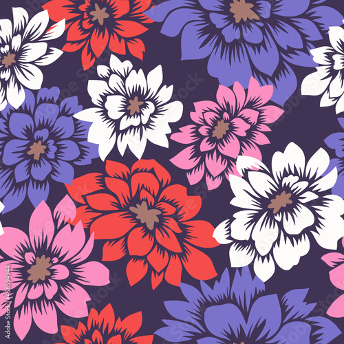 Floral seamless pattern with hand drawn Dahlia flowers. Bright vector floral background. Flat drawing in modern style. Botanical trendy ornament. Summer motif.