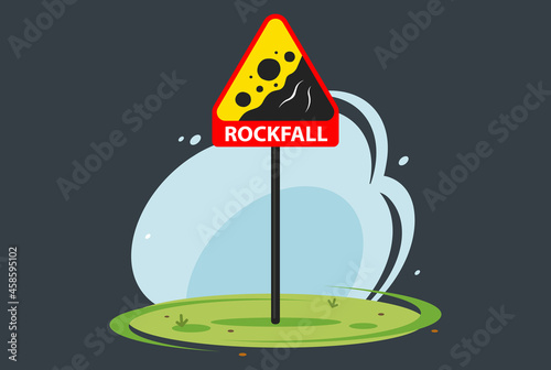 Red road sign rockfall on nature background. flat vector illustration.
