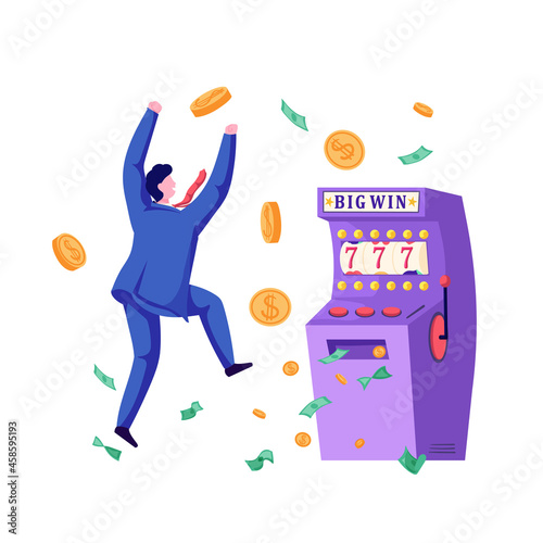 Happy man jumping and celebrating his jackpot in slot machine. Excited money winner in lucky seven. Sevens spin combination on one-armed bandit. Colorful vector illustration. Cartoon style. White back