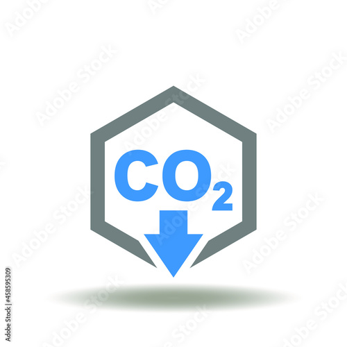 Vector illustration of hexagon with CO2 and arrow down. Symbol of CO2 reduction. Icon of carbon dioxide emissions reduce. photo