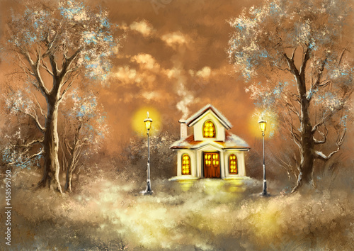 Oil paintings landscape, winter, house in the night