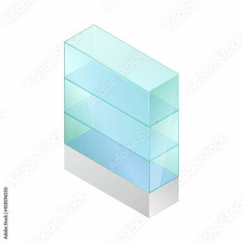 Isometric vector illustration empty glass cube isolated on white background. Realistic glass display box icon. Modern clear glass showcase. Transparent acrylic, plastic or plexiglass box for exhibit.
