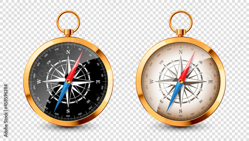 Realistic golden vintage compass with marine wind rose and cardinal directions of North, East, South, West. Shiny metal navigational compass. Cartography and navigation. Vector illustration.