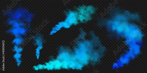 Realistic blue colorful smoke clouds, mist effect. Colored fog on dark background. Vapor in air, steam flow. Vector illustration.