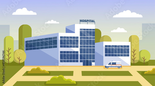 Modern city glass building of public hospital with ambulances and patients. Exterior of municipal medical center with city view on the background. Flat cartoon vector illustration