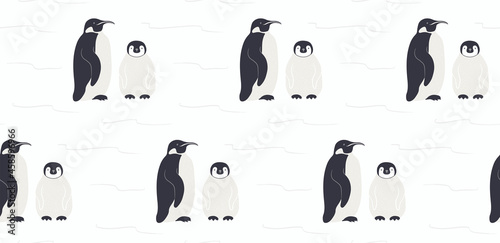 Cute emperor penguin with chick winter seamless pattern on white background. Hand drawn vector illustration. Antarctic wildlife. Design concept for kids textile, fashion print, wallpaper, packaging.