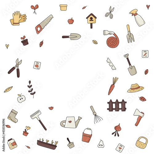 Square frame of items on agricultural theme. Place for your text. Design of garden shop, garden centers. Vector illustration.