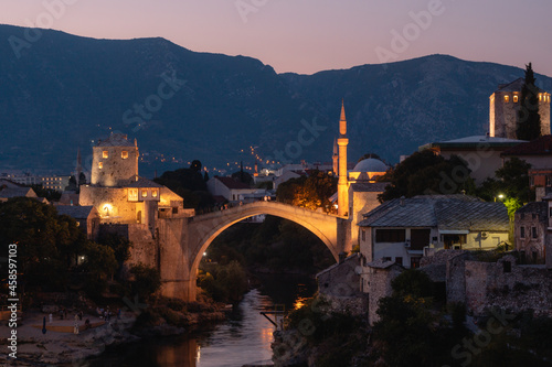 Mostar  Bosnia and Herzegovina - September 12 2021  Mostar Bridge - Stari Most view in the evening in summer  famous touristic destination in Bosnia and Herzegovina  Europe