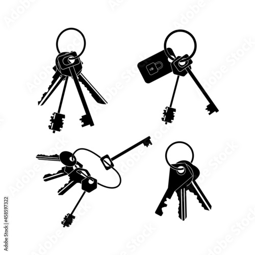 Bundles of keys of different sizes for mortise and padlocks in black on a white background.