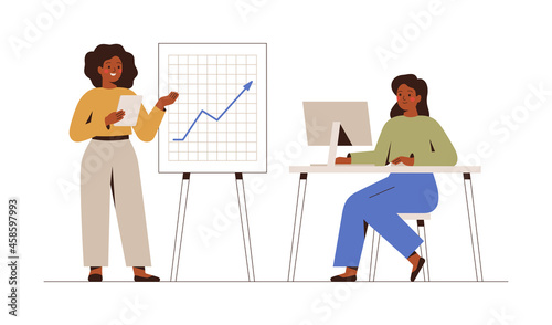 Businesswomen work together on a project in the office. Colleagues discuss strategic with each other. Female entrepreneurs during brainstorming. Effective and productive teamwork. Vector illustration