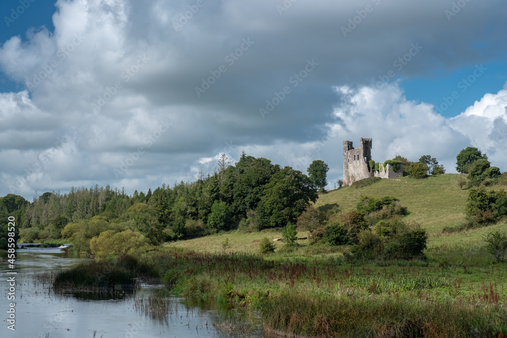 Dunmoe castle ruins on the hill over river Boyne. Navan, Co. Meath, Ireland. September 19, 2021