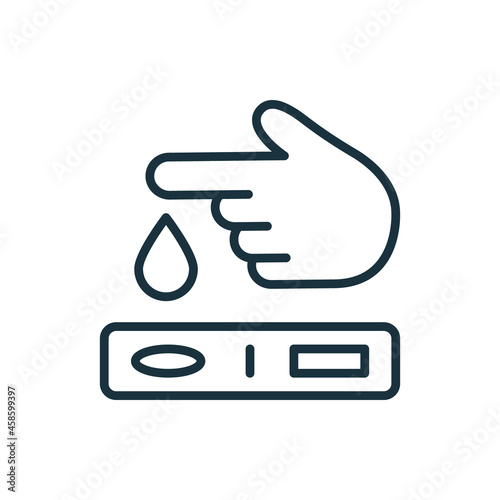 Finger Blood Test Line Icon. Blood Sugar Analysis Linear Pictogram. Research of Level Glucose Outline Icon. Tests of Glycemia in Diabetes. Editable Stroke. Isolated Vector Illustration photo
