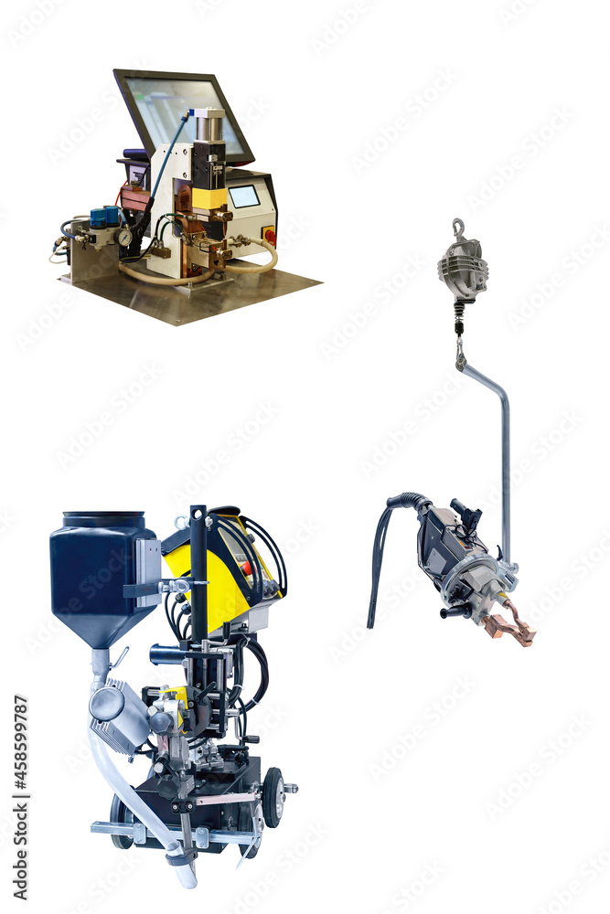 Few compact welding machines close up isolated on white background