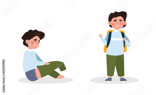 Cute little kid is dressing up or changing green pants on white background. Young boy is putting up clothes by himself. Concept of children dressing confidently. Flat cartoon vector illustration