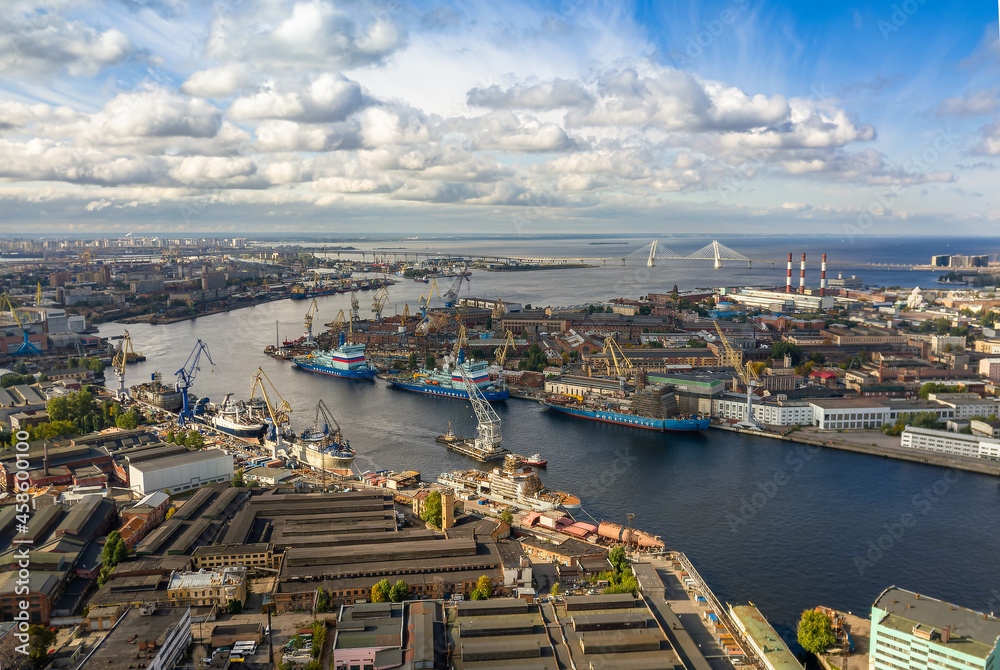 view of the shipyard in St. Petersburg, Russia, 2021