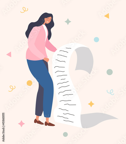 Exhausted business woman is holding giant task list on paper on beige background. Concept of time management or payment. Impossible agenda. Flat cartoon vector illustration
