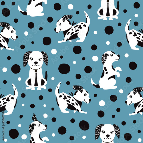 Cartoon funny cute seamless pattern with a dog on background dots. For printing baby textile, fabrics, design, decor, gift wrapping, paper, baby shower, greeting card, notepad, scrapbooking.
