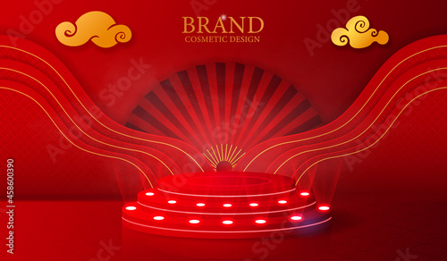 Cute red podium round stage and paper art Chinese new year red paper cut. Concept of asian elements with craft style. Flat cartoon vector illustration
