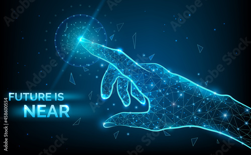 Future is near low poly hand wireframe. Vector polygonal image in form of starry sky or space, consisting of points, lines, and shapes with destruct shapes. Futuristic concept vector illustration