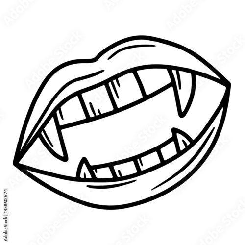 Vampire mouth with teeth-fangs Halloween linear vector icon in doodle sketch style