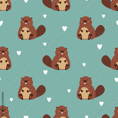 Cute beaver and heart seamless pattern. Baby print.